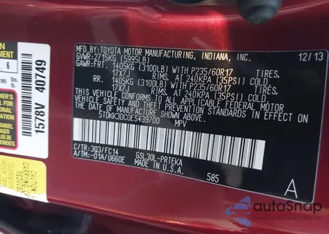 2014 Toyota Sienna Le V6 8 Passenger z USA, uszkodzony, nr VIN 5TDKK3DC0ES439700